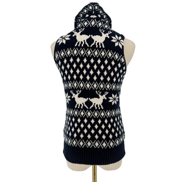 Vintage Y2K Forever 21 Hooded Sweater Vest Holiday Reindeer Knit Navy Blue Sz S - Picture 5 of 8